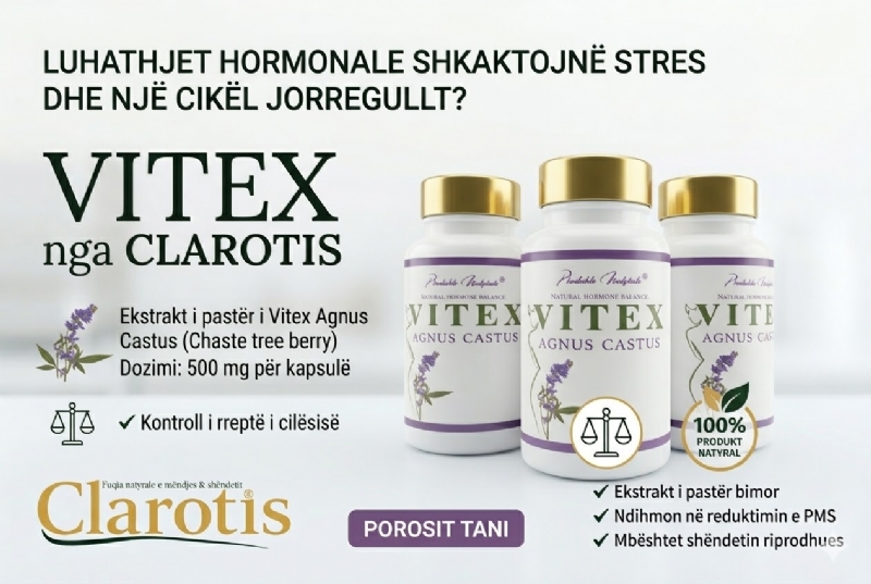 Suplement natyral VITEX me kapsula nga Clarotis, rregullim cikli, pms simptoma, hormone natyrale, suplement pms, balancim hormonal femra, cikli i crregullt, stres hormonal, shendet femeror, kapsula natyrale femra, hormone femerore natyrale