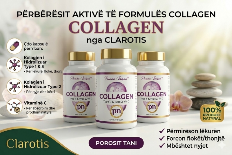 COLLAGEN Complex + Vitamina C nga Clarotis, suplement anti age kunder rrudhave, lekure e shendetshme, suplement per elasticitet, kolagjen per trupin me vitamin c, kapsula rinore per hidratim, produkt natyral bukurie, kolagjen kapsula anti age