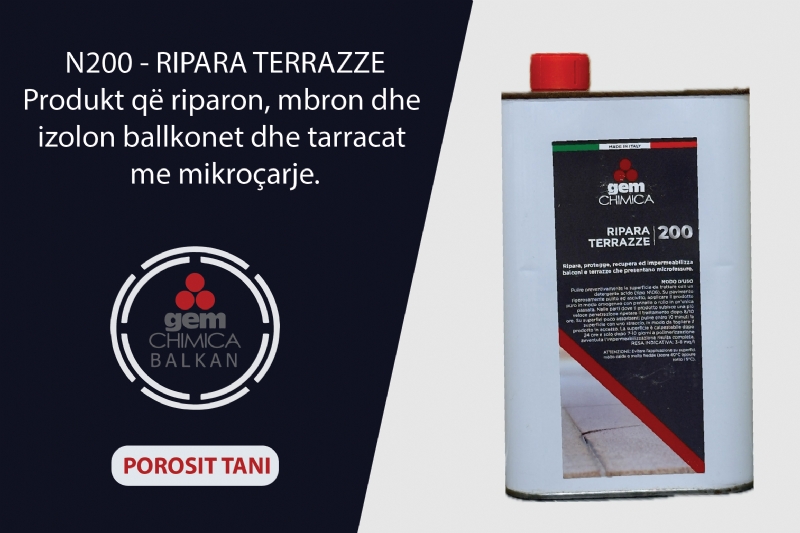 Produkt per riparim dhe izolim tarracash N200 – RIPARA TERRAZZE nga Gem Chimica Balkan, produkt per riparim mikroçarjesh, izolues per ballkone dhe tarraca, mbrojtje per tarraca dhe ballkone, solucion per mikroçarje betoni, produkt per izolim